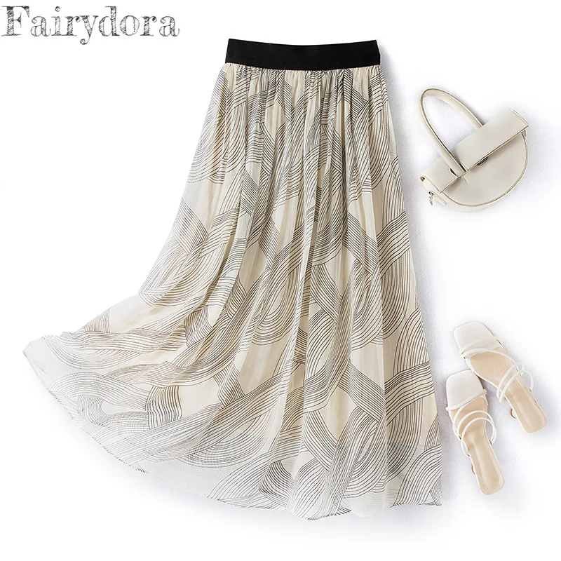 Elegant Fashion Skirt for Women, 100% Mulberry Silk, A-line Elastic High Waist Printing, Long Skirts, Summer, 2023