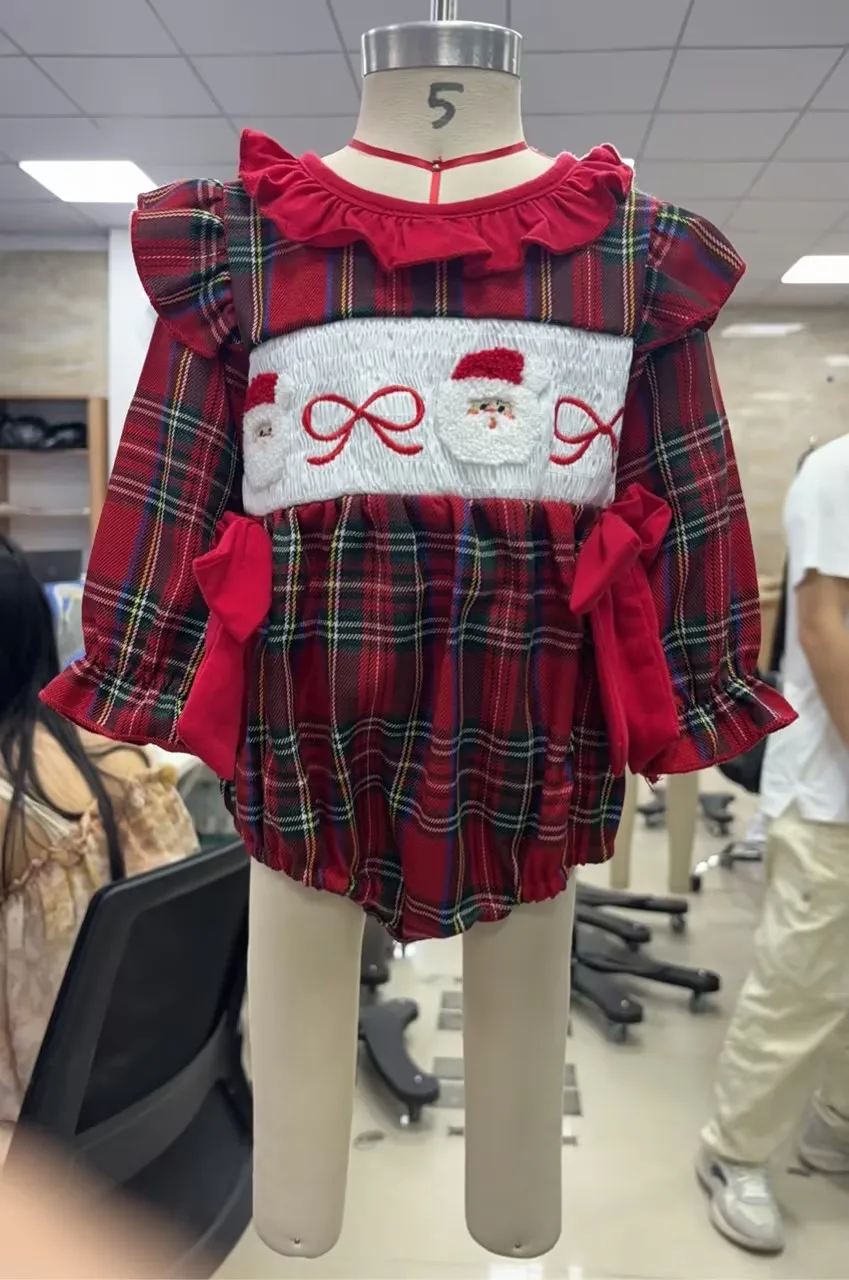 

Baby Clothing Girl Plaid Bubble Romper Fashionable Santa Embroidery Smocked Ruffle Christmas Jumpsuit Newborn Clothes