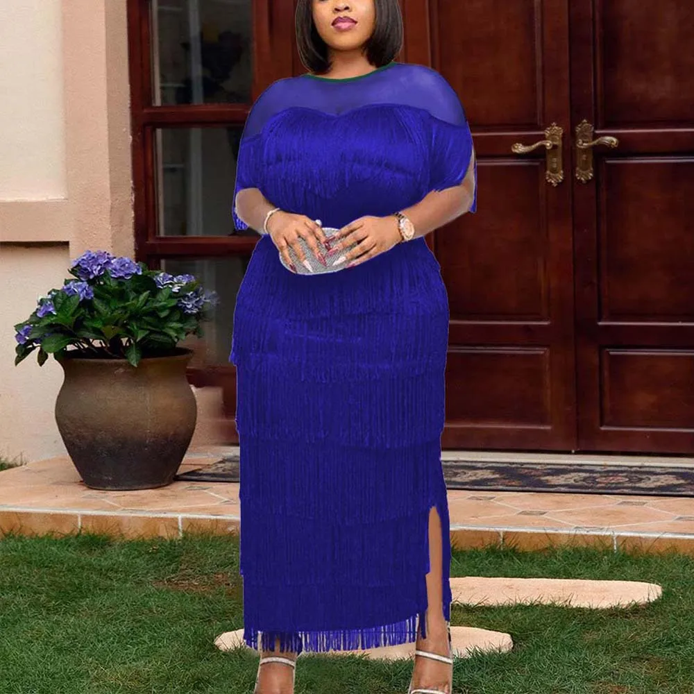 

Sexy Bodycon Dresses for Women Transparent Tassel O Neck Short Sleeve Sheath Ankle Length Elegant Birthday Party Dinner Dress