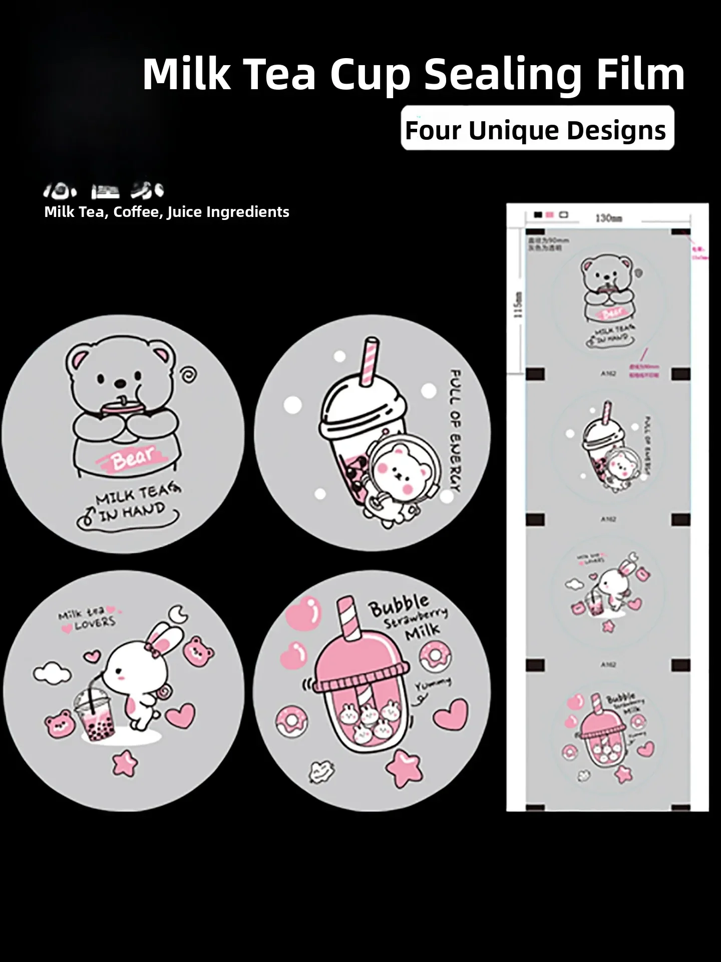 Disposable Plastic Cup Sealing Film Milk Tea Rabbit Cartoon Design Beverage Packaging Durable Eco-Friendly Food Grade Plastic