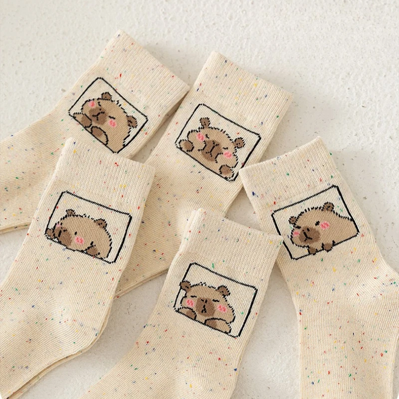 5-40Pairs Kids Capybara Cartoon Socks Mid Calf Combed Cotton Breathable for Outdoor Play Family Trip Weekend Hangout Autumn