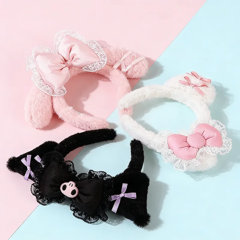 Cute Hello Kitty Plush Hairband Melody Kuromi Pink Black Bow Plush Headband Cosplay Halloween Party Costume Hair Accessory Gifts