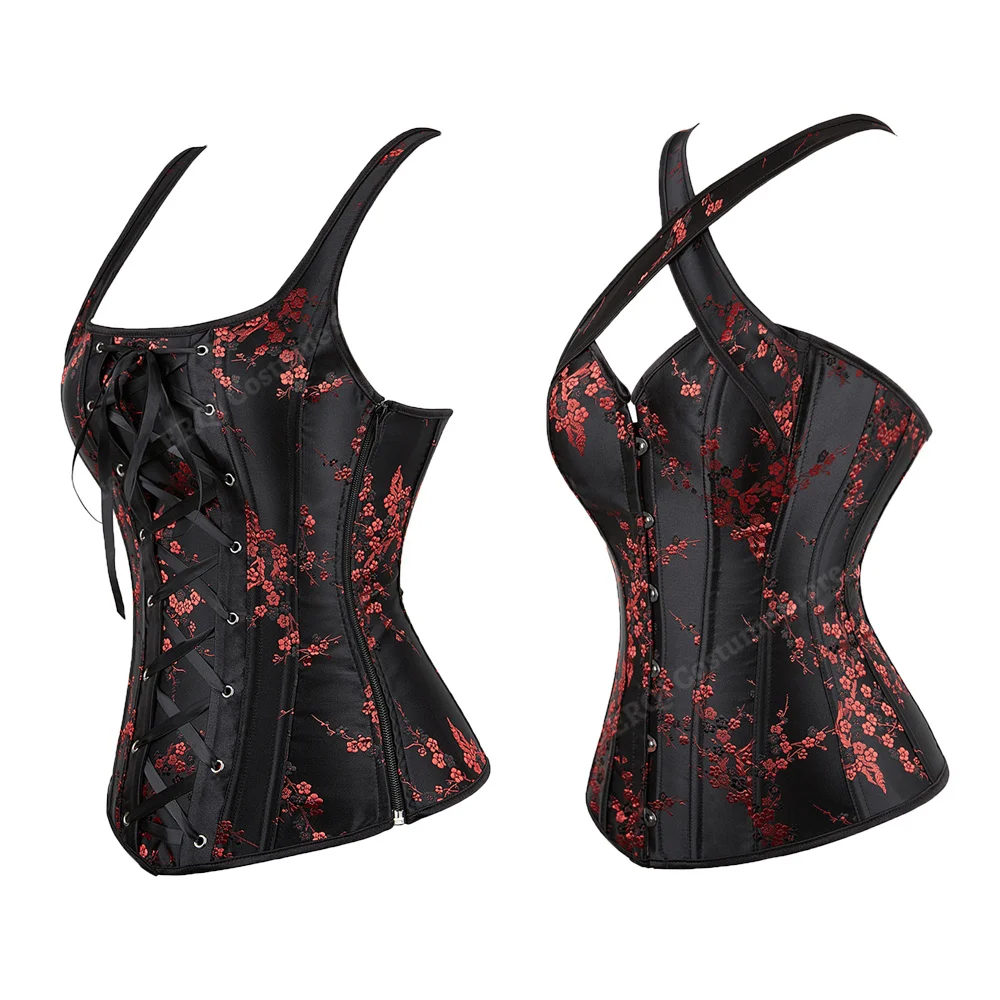 Corset with Straps for Women Floral Jacquard Corset Bustiers Black Gothic Tops Plus Size Lace Up Corsets Vintage Red XS-7XL