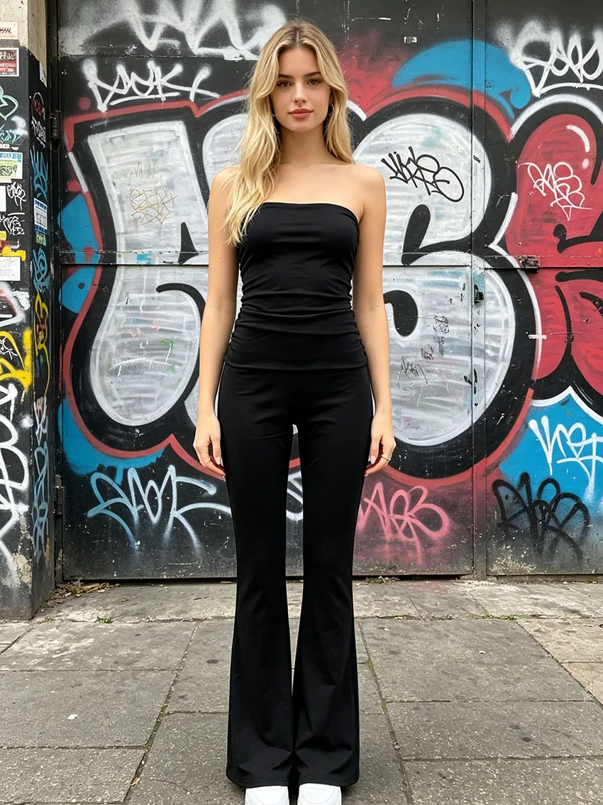 Stretchy Fold Over Waist Bootcut Pants Women Ruched High Waist Slim Flared Long Trousers Trendy Casual Street Daily Wear Pants