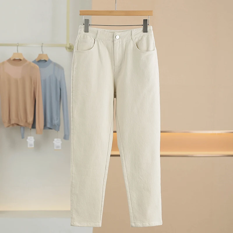 

XKing Winter New Casual Harlan Denim Pants Thin Fleece Pure Color Simple Design Women's Jeans Harlan Style Nine Points Length