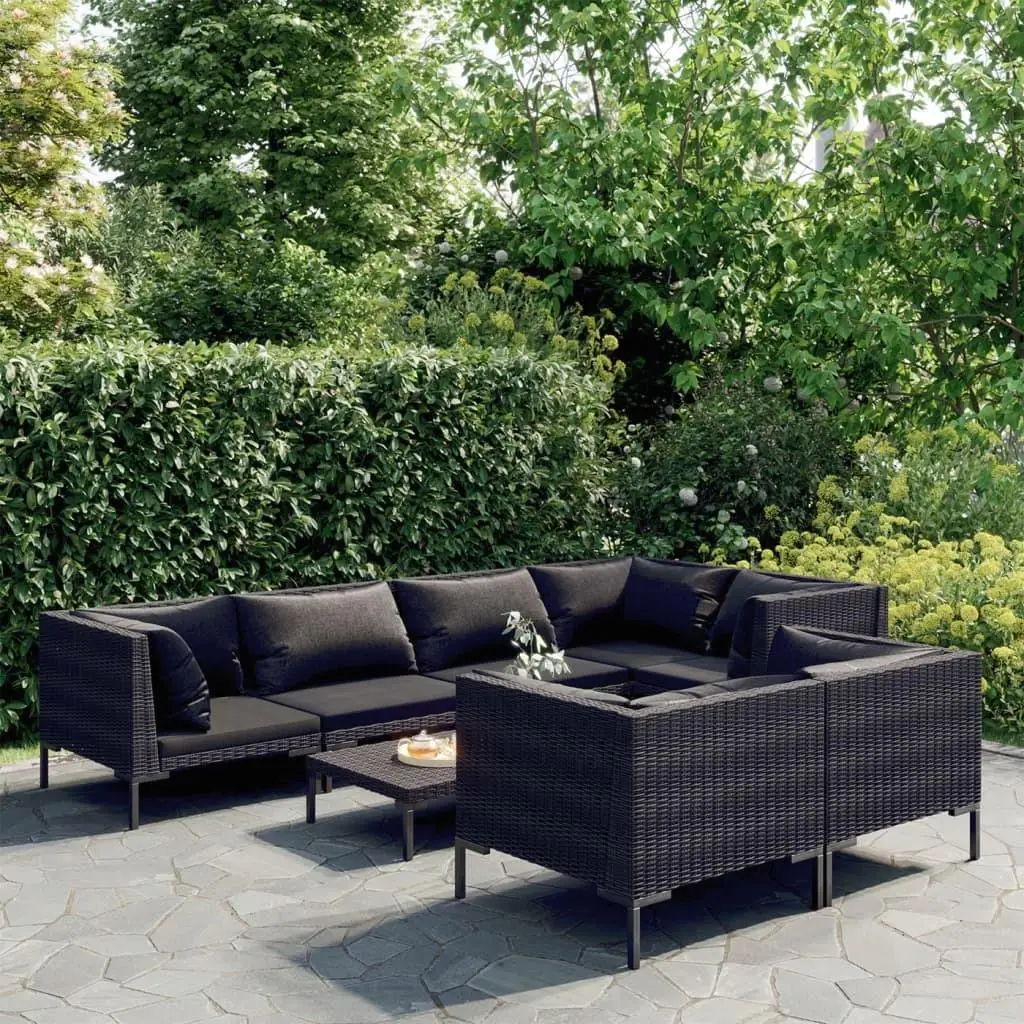 8-Piece Dark Gray Poly Rattan Patio Lounge Set with Cushions – Stylish Outdoor Furniture