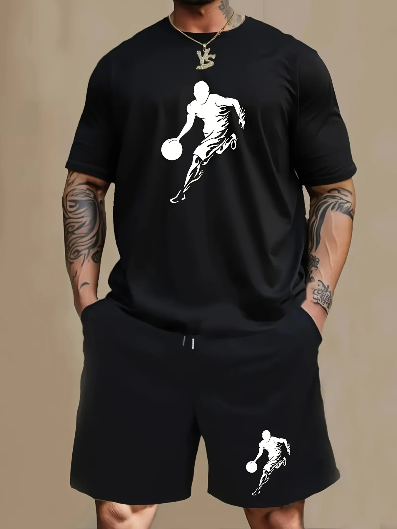 

New Men's 2-Piece Set, Casual Crew Neck T-Shirt & Shorts, 100% Polyester, All-Over Print, Slight Stretch, Regular Fit
