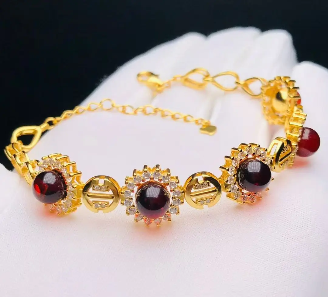 

Adjustable Blood Amber Bracelet Women's7mm Round Bead 925 Sterling Silver Gold Plated Zirconia Gift for Valentine's Day Love Her