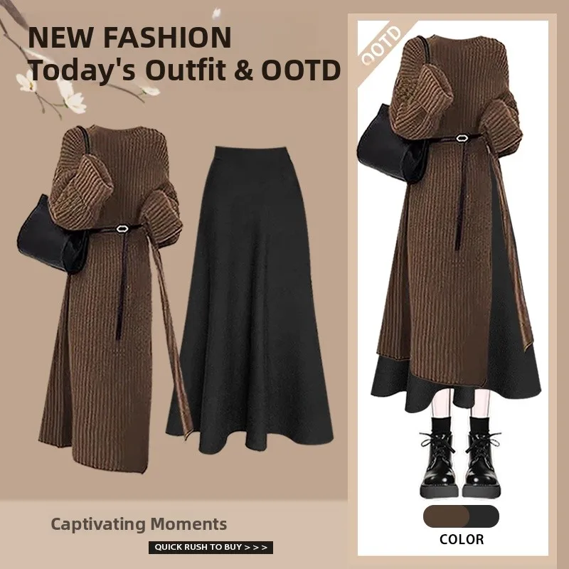 

Christmas New Year Knitted Sweater High Waist Skirt Set Red Festive Atmosphere Clothing High Waist Design Long Skirt