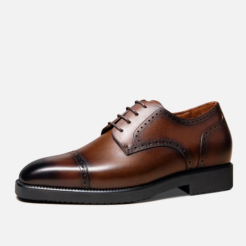 Height Increased of About 6.5cm Men's Dress Shoes Brock Carved Wedding Leather Shoes Genuine Leather Brown Elevated Derby Shoes