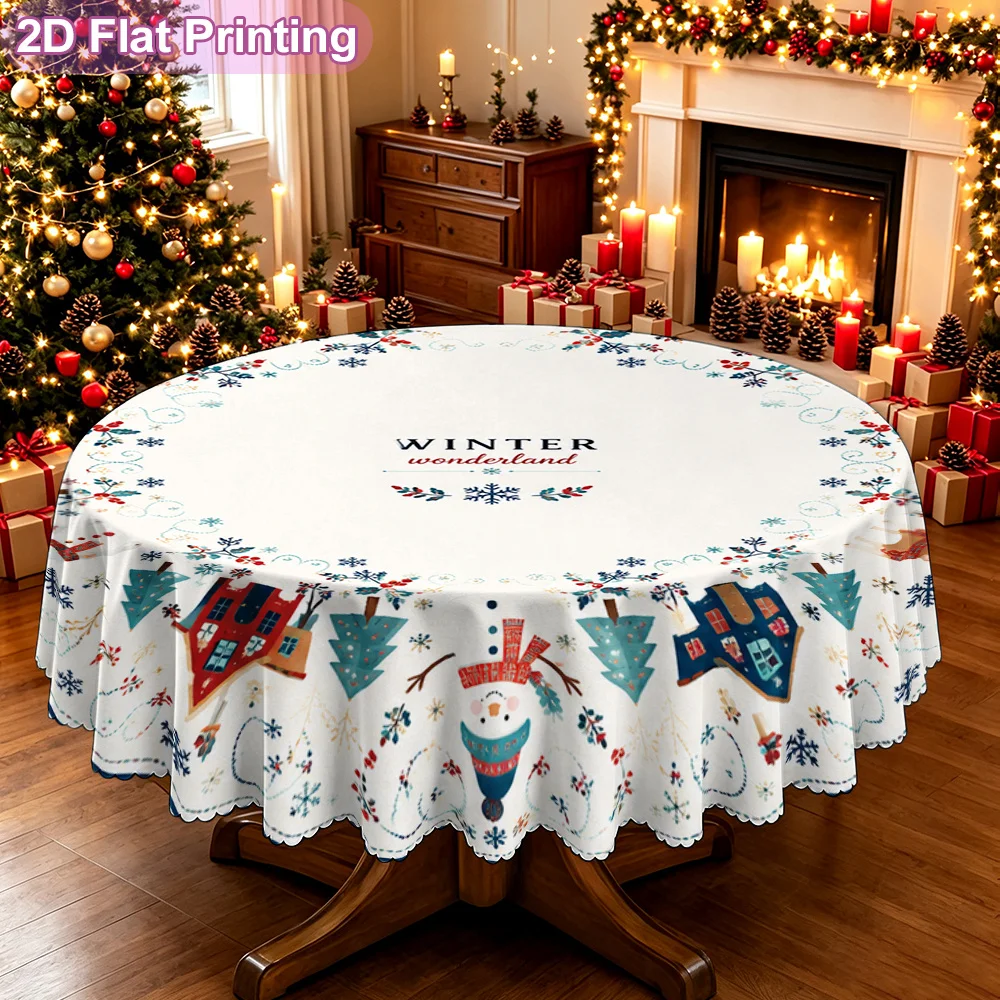 Winter Wonderland Christmas Round Carpet Printed Decorative Tablecloth, Winter Themed Table Cover