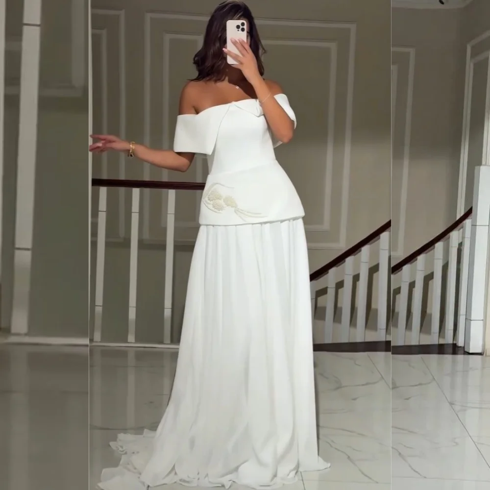 

Customized Classic Jersey Pleat Pearl A-line Off-the-shoulder Long Dresses Bespoke Occasion Homecoming Simple