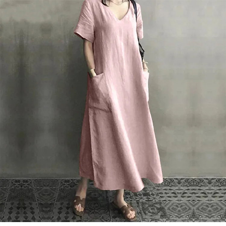 Abito ampio da donna in cotone e lino con scollo a V, abbigliamento retrò, stile letterario e nazionale, pendente, estivo