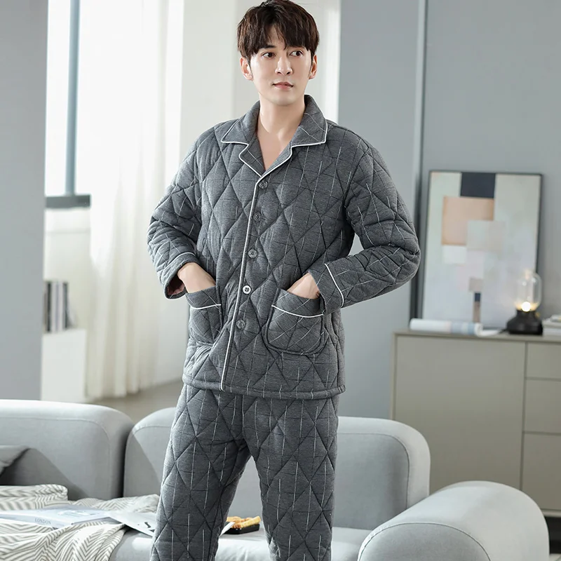 

2024 Winter New 2PCS Pajamas Set Cotton-Padded Men Sleepwear Nightwear Casual Thick 3 Layers Quilted Sleep Home Clothes Warm