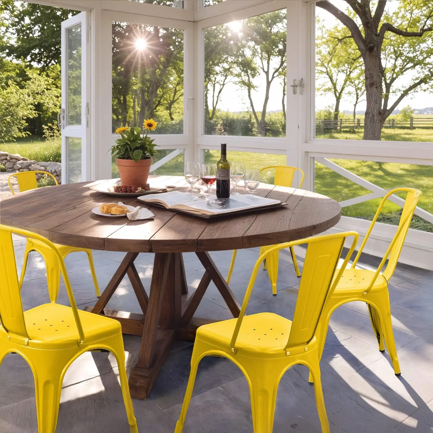 Dining Chair Stackable Indoor Outdoor Industrial Vintage Chairs Bistro Kitchen Cafe Side Chairs with Back Set of 4 (Yellow)