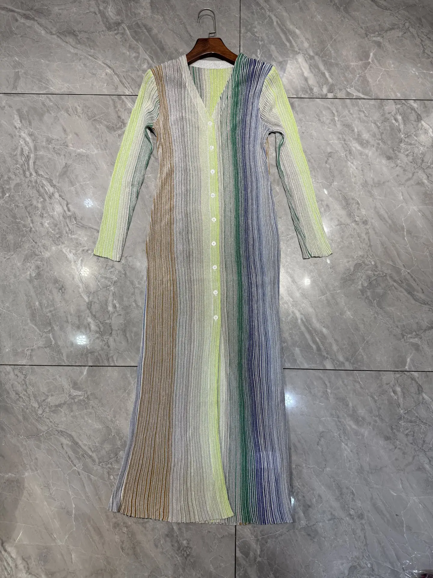 Women Gradient Striped Maxi Dress V-Neck Single Breasted Long Sleeve Casual Fashion Knitted Robe