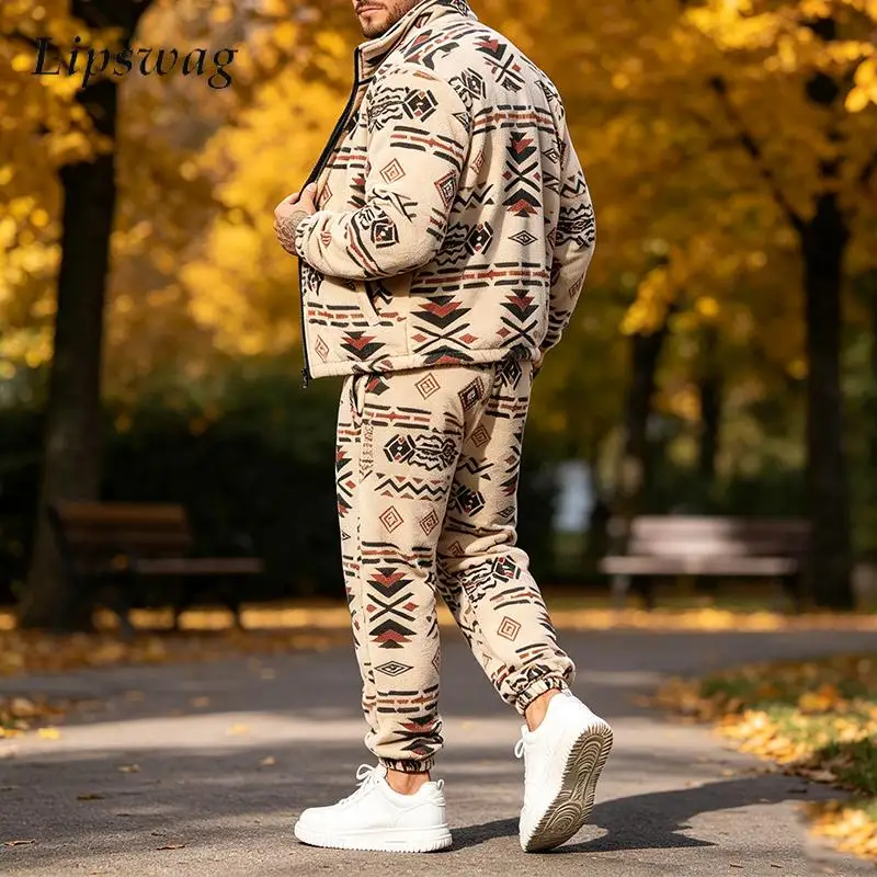 Vintage Long Sleeve Tops And Pants Two Piece Suits Autumn Pattern Zip Up Stand Collar Sets Daily Casual Mens Loose Outfits Men