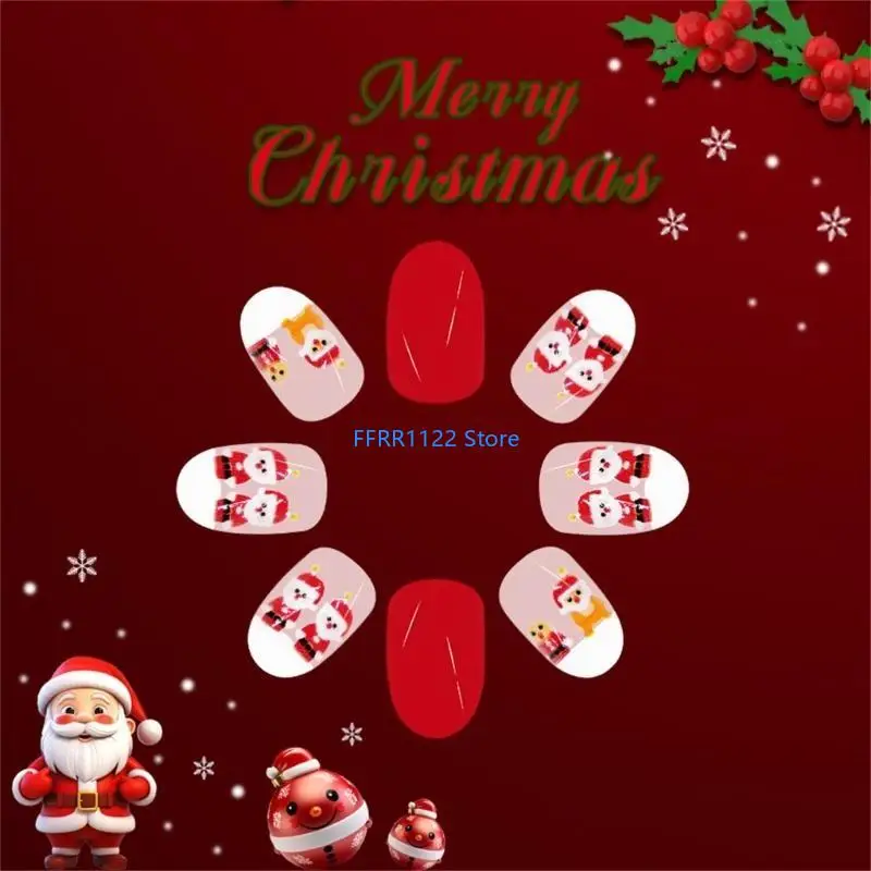 Y1uf 24 pezzi Pressa Natale unghie corti False Nails Babbo Natale unghie artificiali Copertina piena unghie per
