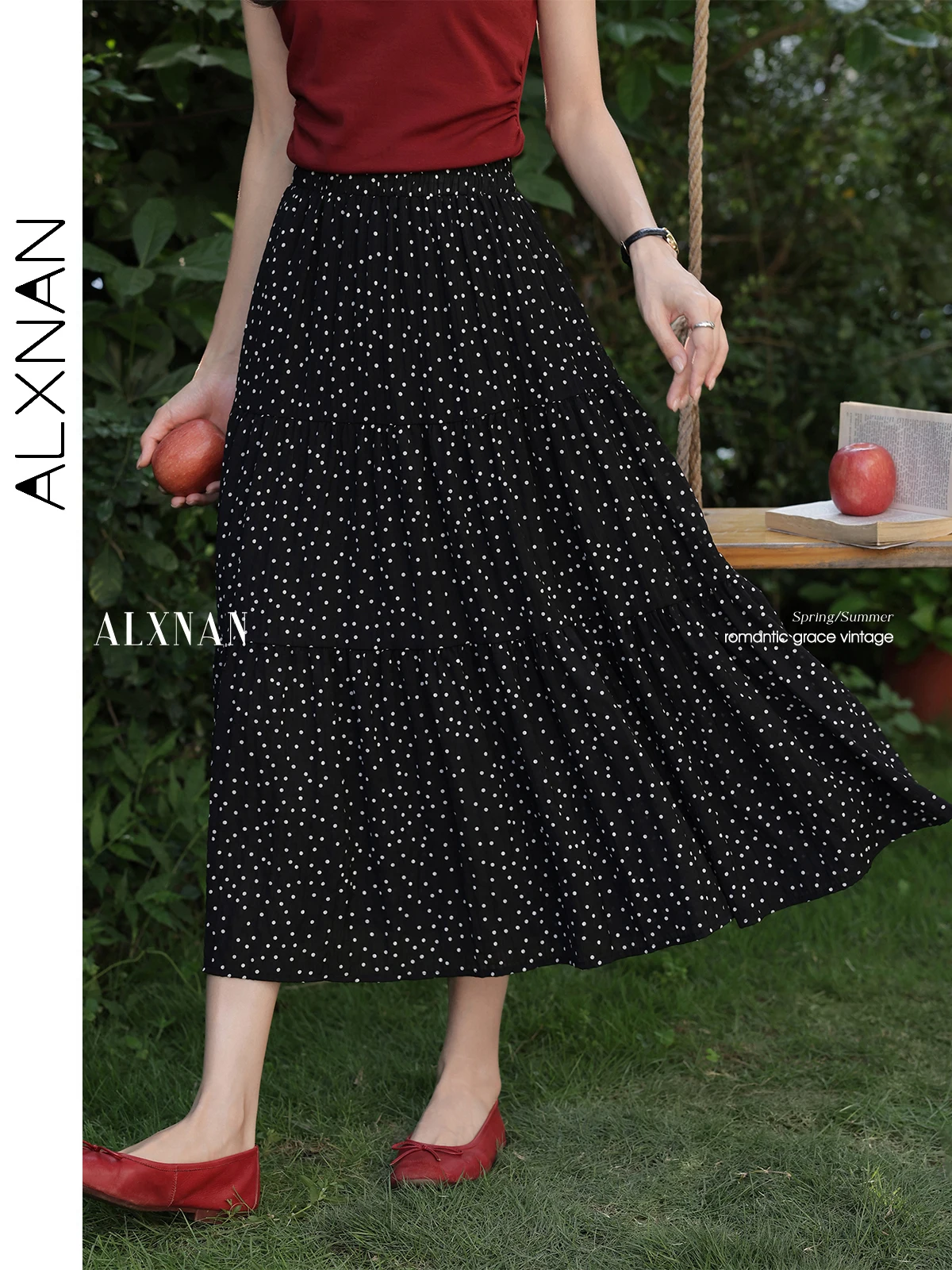 

ALXNAN Women's Polka Dot Skirt A-line High-waist Elegant Long Skirt 2025 Summer Casual Loose-fit Elastic Waist Clothing L55965