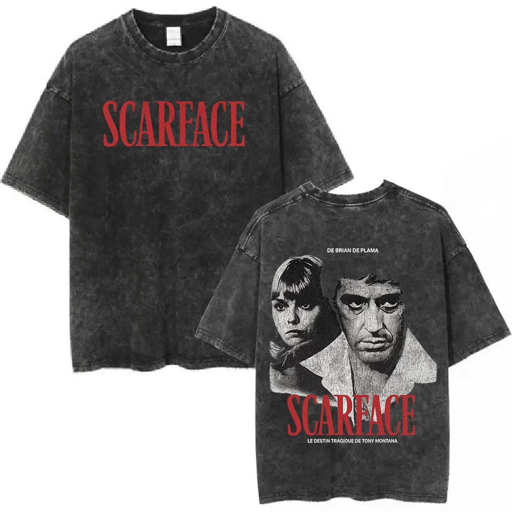 Movie Scarface Vintage Washed T-shirt Tony Montana Face Al Pacino Oversized T-shirts Men Women Fashion Hip Hop Gothic T Shirts