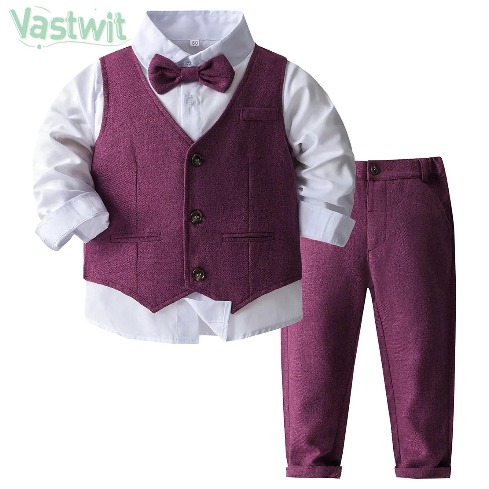 

Little Boys Gentlemen Suit Long Sleeve Shirt with Vest Pants Bowtie 4Pcs Set Birthday Wedding Christmas Party Formal Outfits