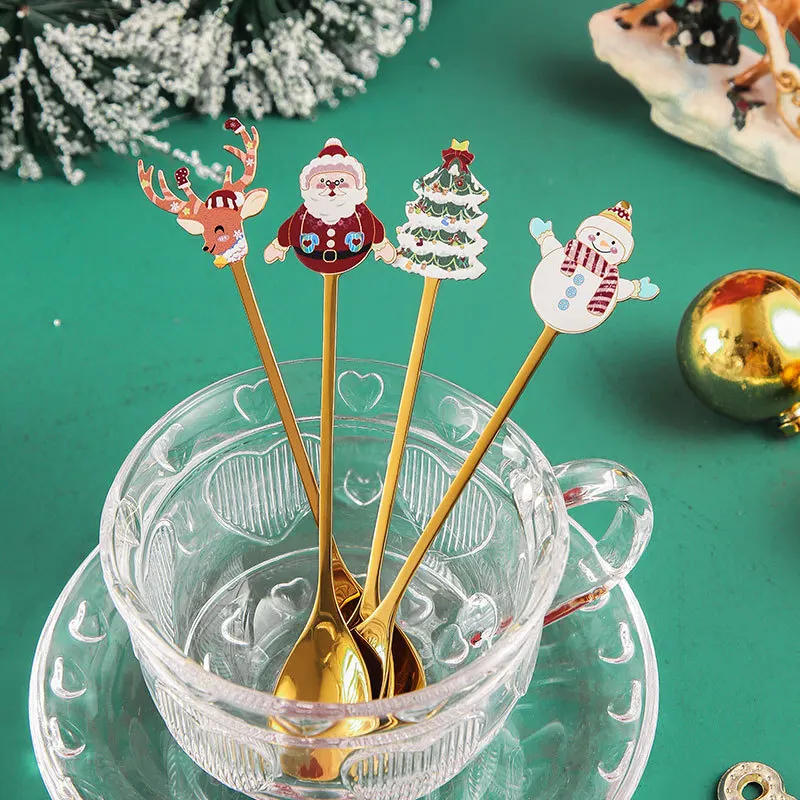 Mix-4PCS Christmas Collection Cute Spoon Fruit spoon set of four INS 304 Stainless Steel Gold Cutlery Coffee Stirring Spoon