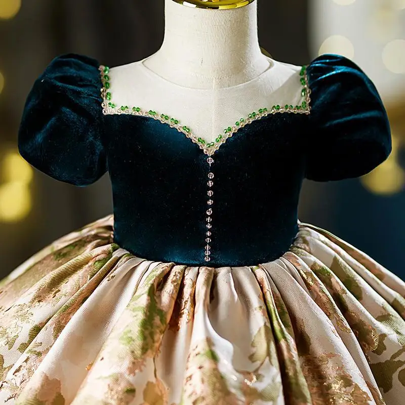 Eid Kids Luxury Party Green Gold Dresses for Girls Birthday Photo Shoot Gown Evening Formal Lace Dress Prom Frock