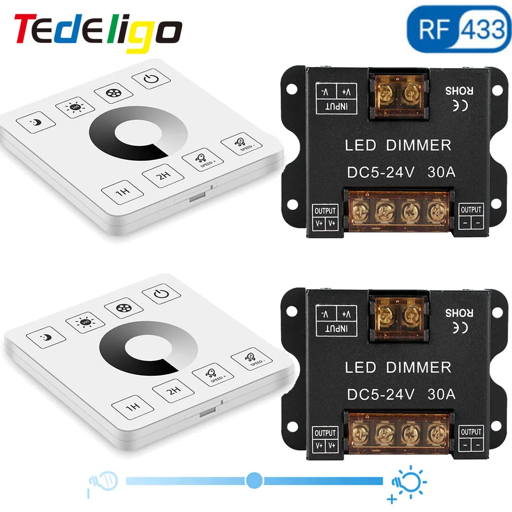 Tedeligo LED Dimmer Switch,433MHz 12V 24V 30A Regulator Adjustable Brightness Controller Wireless Wall Switch,for LED Strip,Lamp