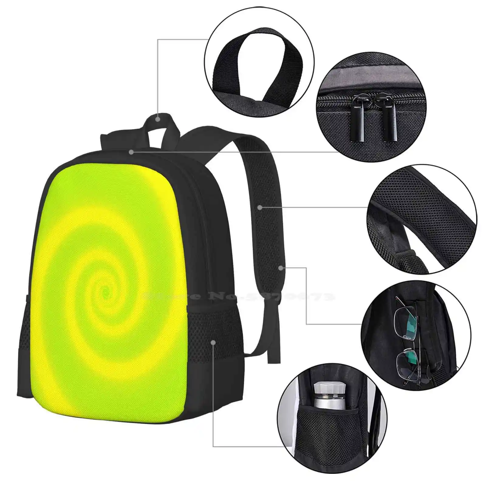 Mochila com bolsa espiral verde faint para homens e mulheres, fundo amarelo, mochila para meninas adolescentes