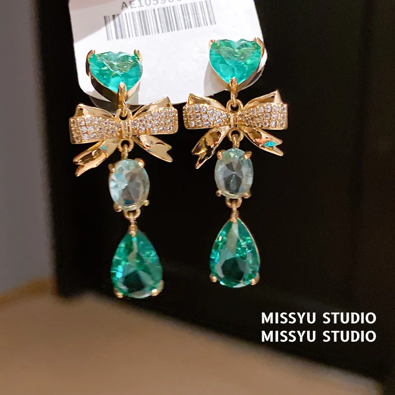 Stud Earrings for Women Gems Eardrop Vintage Green Zircon Bowknot Elegant Jewelry Hyperbole Fashion Pendientes Mujer Elegant Ear