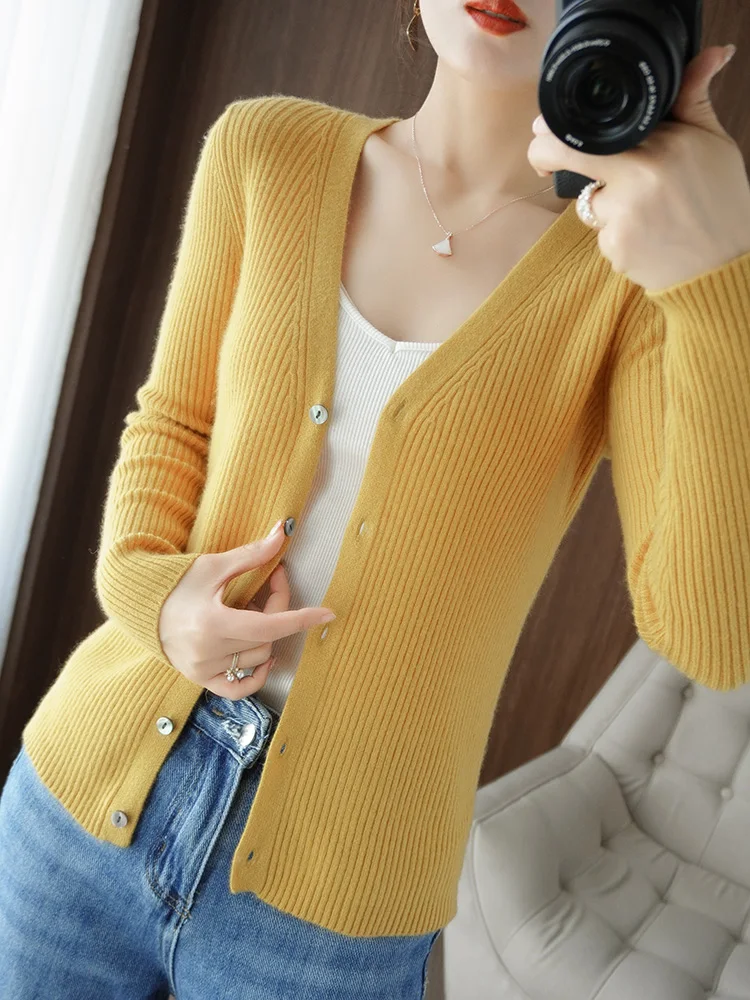 MODERN NEW SAGA Women Cardigan Sweater Spring Wool Knitted Sweater Long Sleeve Autumn Soft Slim Sweater Cardigans Korean Fashion