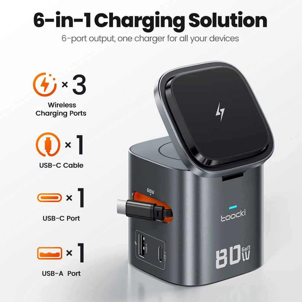 Toocki 80W 6-in-1 GaN Charging Station Type C PD 65W Retractable Fast Charger Wireless Adapter For iPhone 16 17 iWatch AirPods view 2