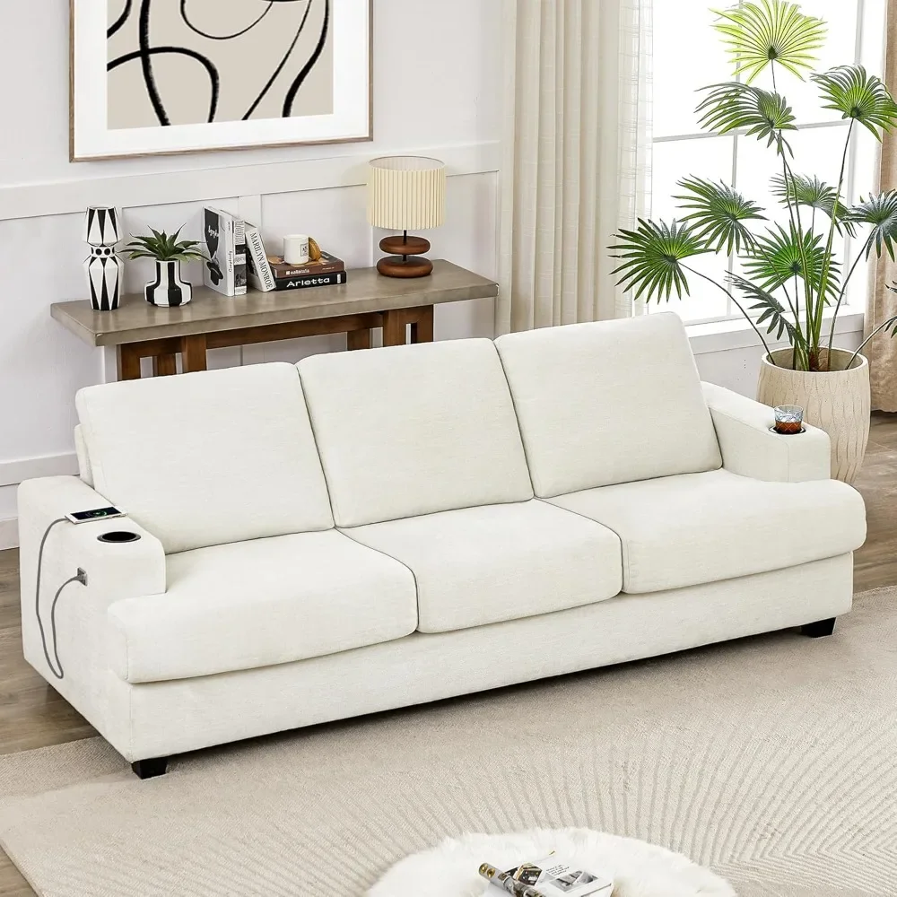 

89" Sofa, Comfy Sofa Couch with Extra Deep Seats, Modern 3 Seater Sofa with USB Charging Ports & 2 Cup Holders, Chenille Sofa