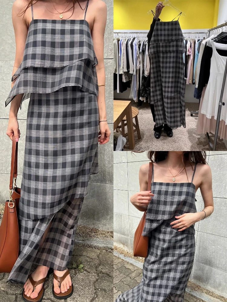 Schicker karierter Träger Dr. Damen-Sommer-Asymmetrisches Design Lang Dr. Casual Sle Ele Classy Maxi Dr von Dongda Gate