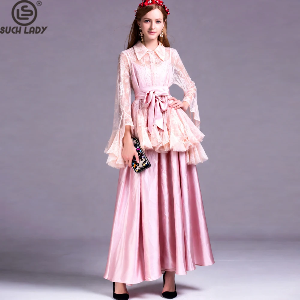 

Women's Pink Lace & Satin False Two-Piece Set Long Sleeve Blouse with Collar Bow Waist Maxi Skirt, Elegant Princess Style Dress