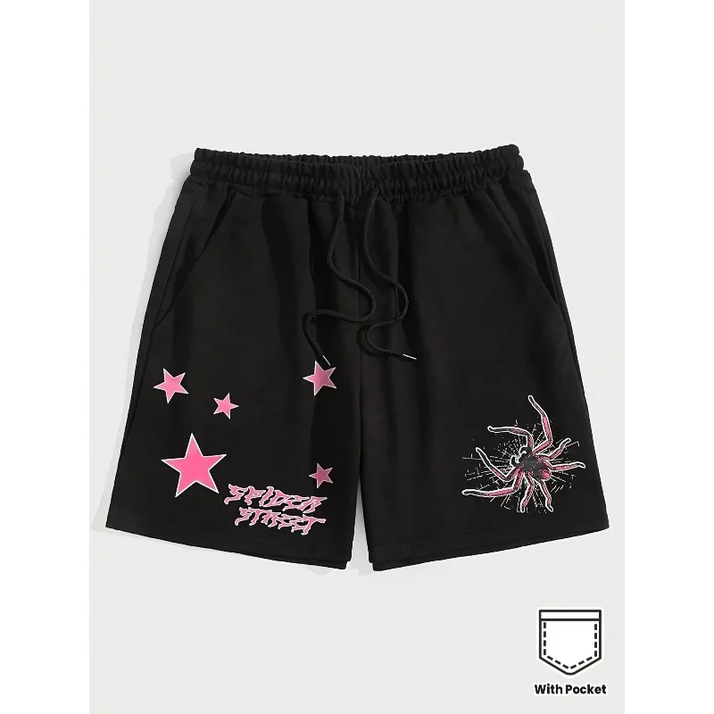 Men's color blocked printed shorts with spider, star, and letter patterns, summer street fashion shorts