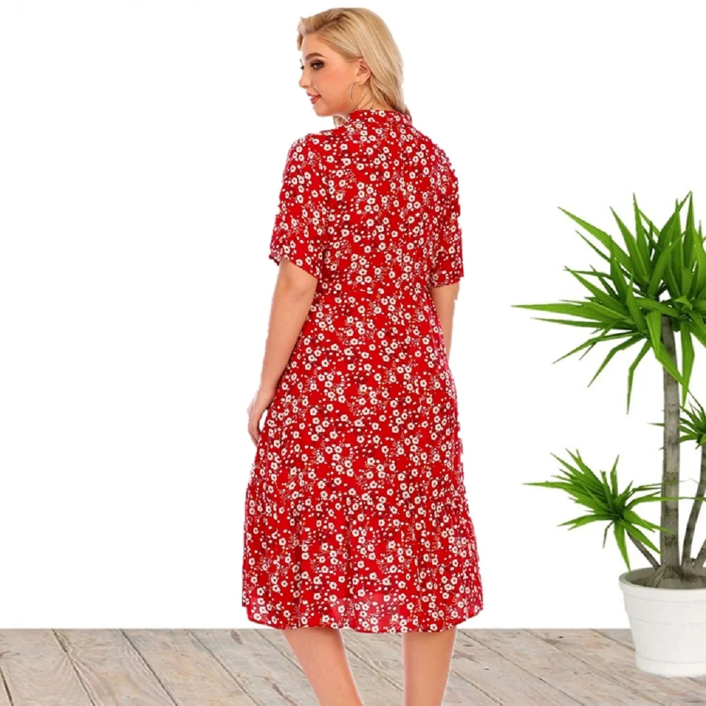 Plus Size New Arrival gorąca wyprzedaż z krótkim rękawem w szpic casualowa letnia wiskozowa sukienka Mide dla dużych kobiet