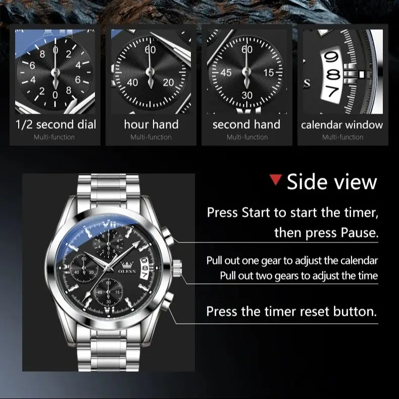 ساعة OLEVS 2987 أصلية للرجال ماركة فاخرة ساعة كوارتز مقاومة للماء بتقويم كرونوغراف وحزام فولاذي متين ساعة رجالية عالية الجودة