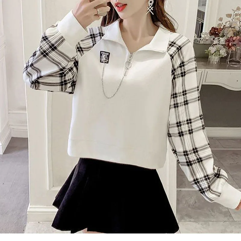 New Autumn Fashion Trend Patchwork Plaid Zipper Stand Neck Short Loose and Versatile Westernized Women\'s Long Sleeved Sweater