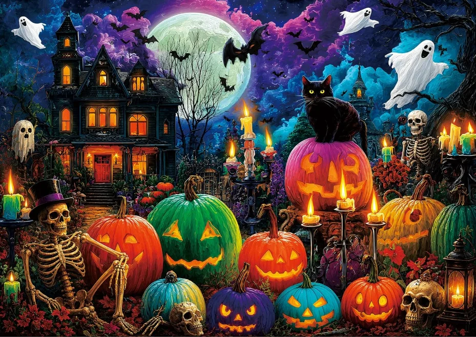 Spooky Halloween Night Jigsaw Puzzle 500/1000/1200/2000PCS Giant Jack O Lantern Ghost Full Moon Skeleton Candle DIY Family Gift