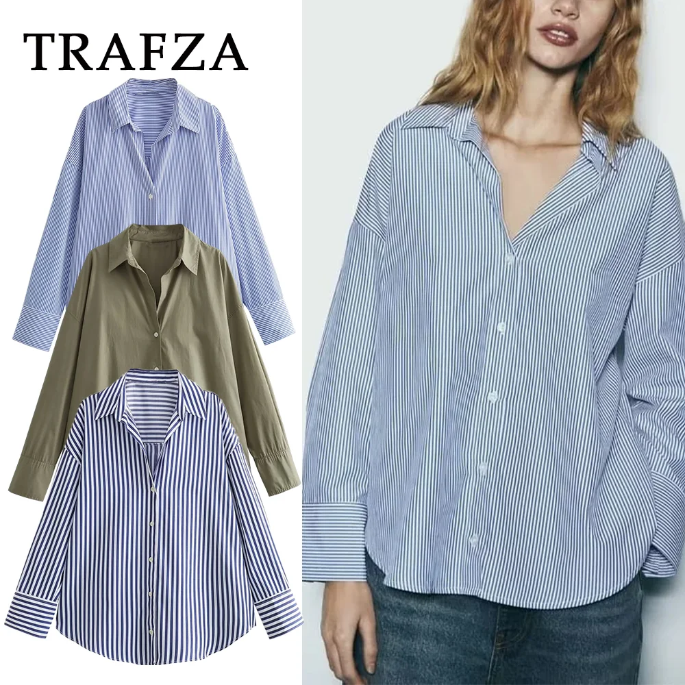 TRAFZA-camisa informal de popelina para mujer, camisa holgada a rayas con cuello vuelto, Estilo Vintage elegante, a la moda, para otoño e invierno, 2023