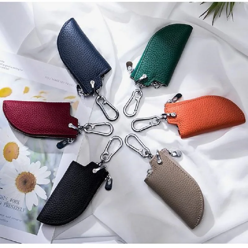 

Genuine Leather Zipper Key Case Men's Knife Shape Sheath Waist Hanging Car Key Bag Household Keychain for Women