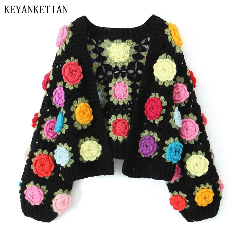 KEYANKETIAN Autumn/Winter New Women\'s Hand-Crocheted Flower Decorated Short Sweater Holiday Wind Padded Crop Top Knit Cardigan