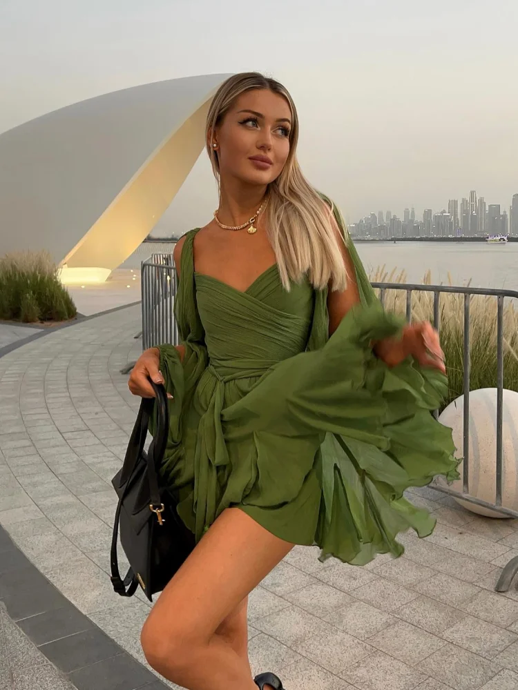 Unique Split Long Sleeves V Neck Woman Soft Mini Dress Sexy Lady Pleated Hem Green Short Dresses New Fall Beach Party Vestidos