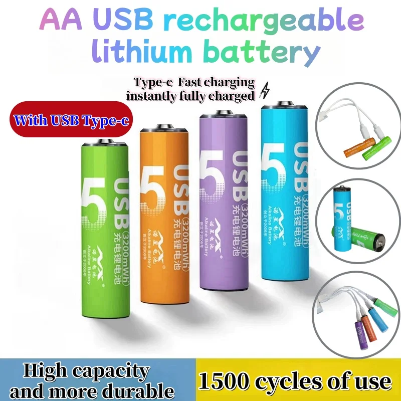 AA  Rechargeable Lithium Battery with Real 3200mWh  High Capacity USBType-C Direct Fast Charge 1.5V for Mic Toy Flashlight