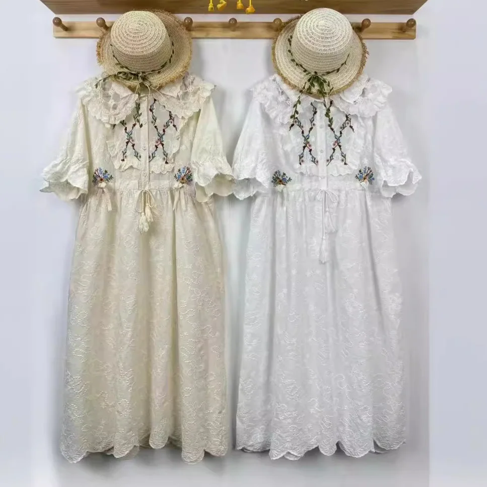 

Japanese Sweet Mori Girl Flower Embroidery Midi Dress Women Summer New Kawaii Lace Peter Pan Collar Short Sleeve Casual Dresses