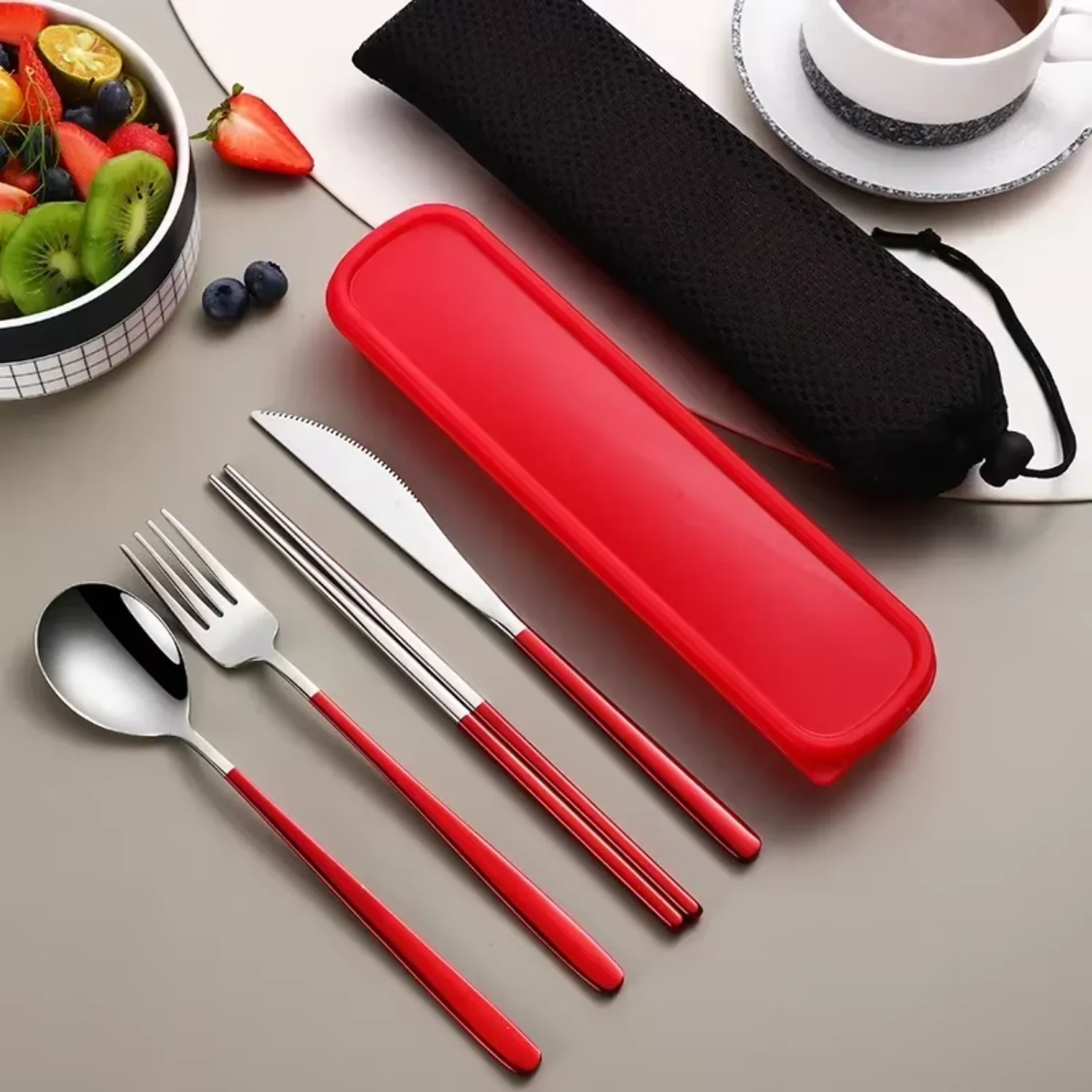 4pcs 304 Tableware Set Portable Cutlery Dinner Stainless Steel  Fork Spoon Chopsticks Travel Flatware With Box   Year
