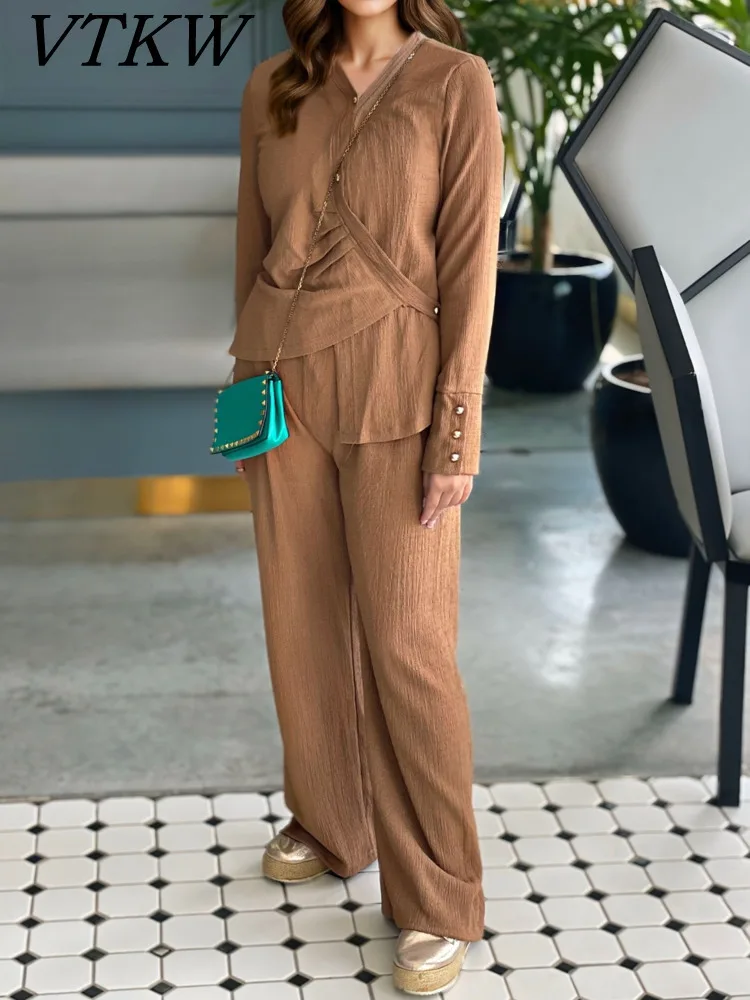 

VTKWV-neck Solid Color Irregular Versatile Design 2025 Spring New Women's Blazer, Loose Pants, High-quality Two-piece Set