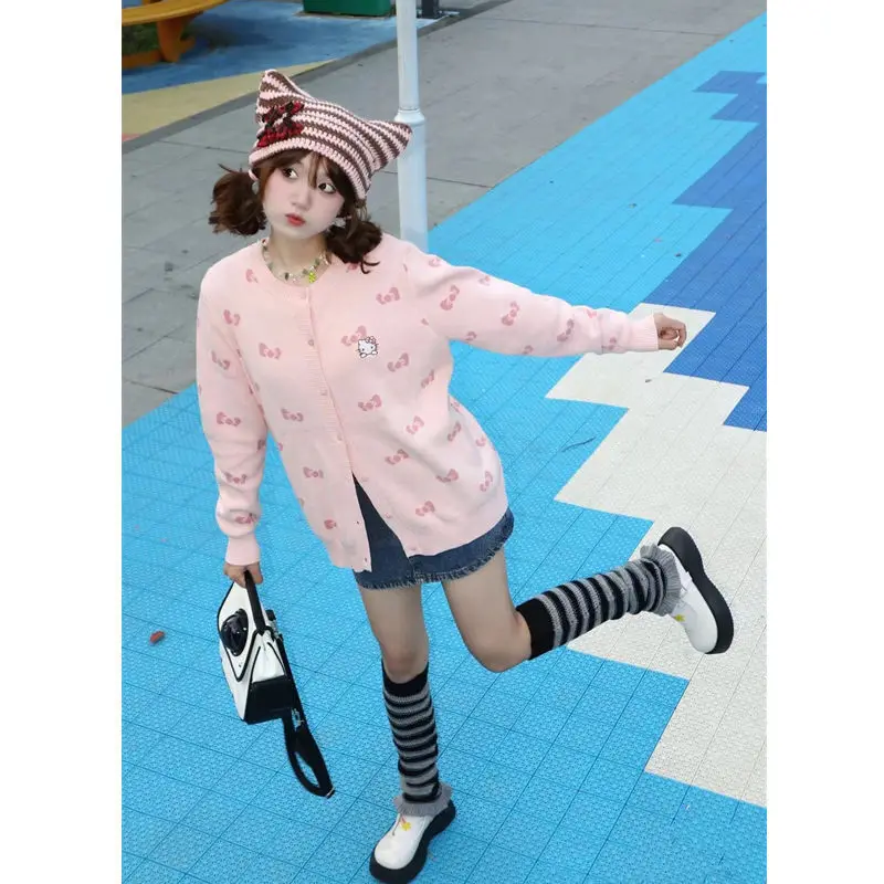 

Sanrio Cute Cartoon Hello Kitty Pink Sweet Sweater Japanese Style Harajuku Y2k Soft Girl Knitwear Women New Trend Casual Sweater