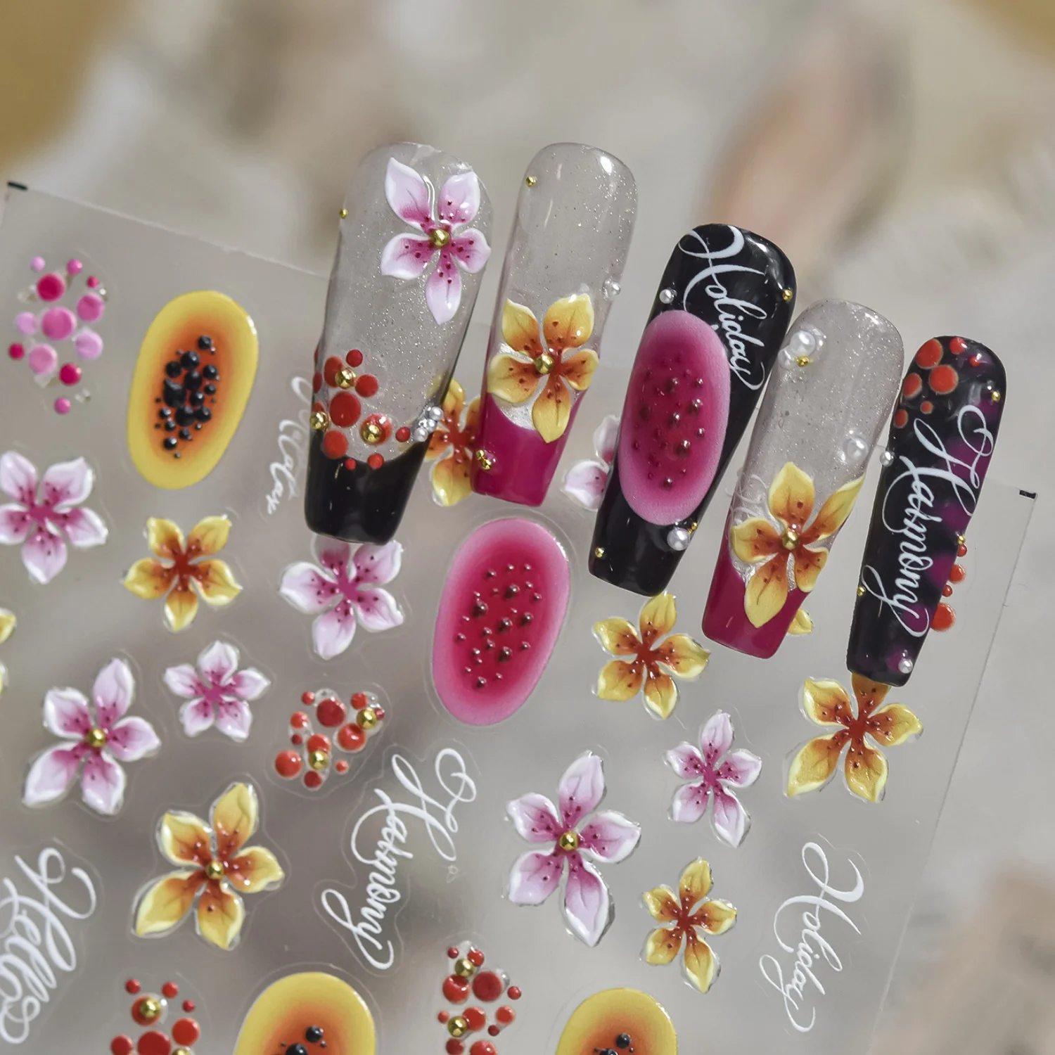 Tropische Früchte Blumen Nagelaufkleber 5D Erhabenes Relief Papaya Fünfblättriger Blütenstrauß Rote Beeren Sommer Strand Urlaub Nagelkunst Sticker